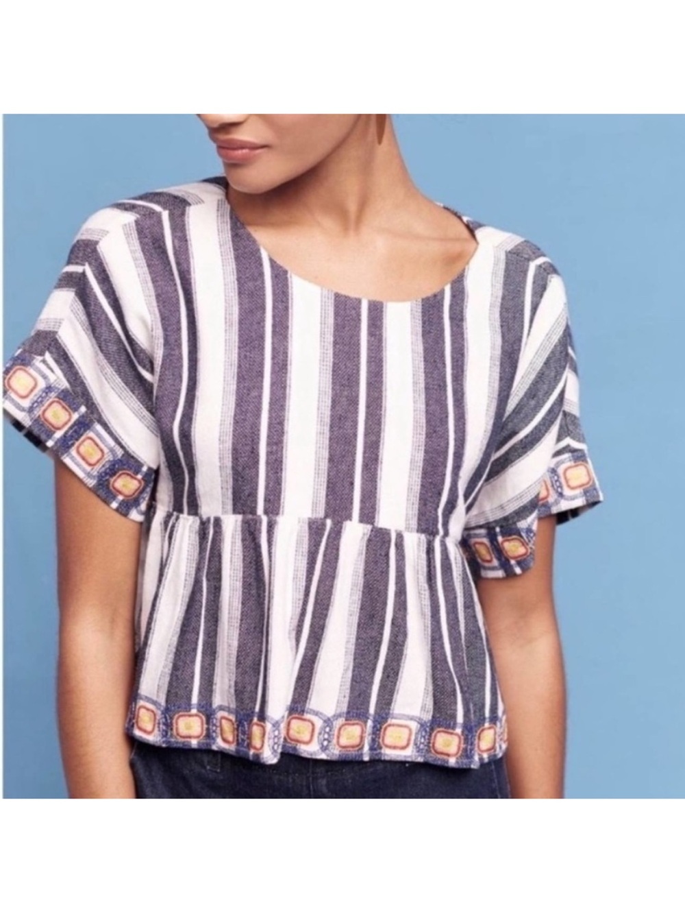 ANTHROPOLOGIE Maeve Vieques Midi Top Linen Embroidered Small